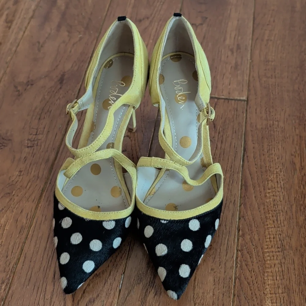 Boden Trisha Yellow and Black Polka Dot Cowhide Pointy Toe Strappy Heels - Picture 2 of 16